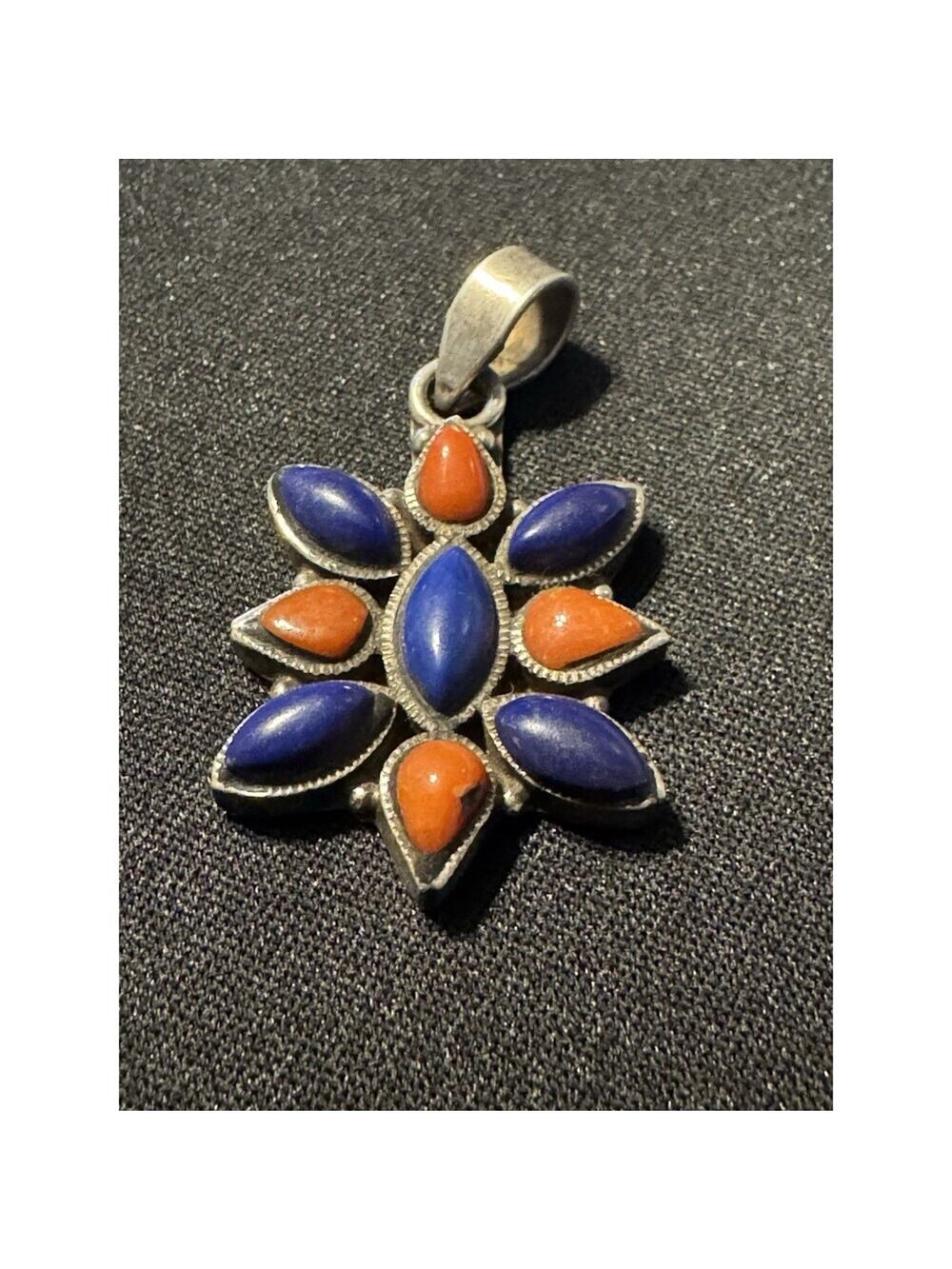 925 Lapis/Coral Pendant Signed On Bail